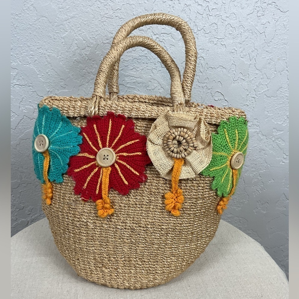 Women’s Tightly Woven Rattan Hand Bag with Crocheted Colorful Flowers - Picture 2 of 13